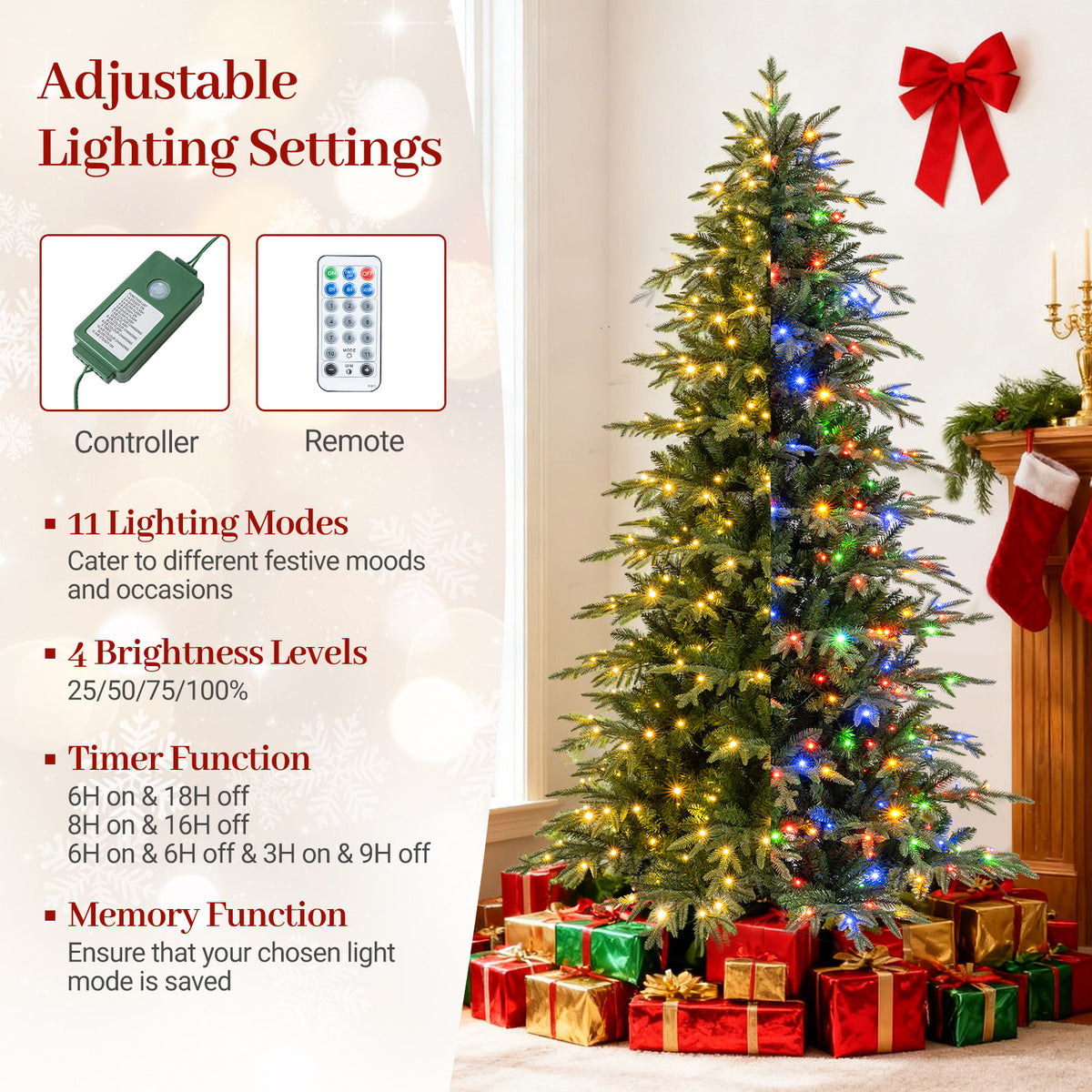 7.5FT Pre-lit Artificial Christmas Tree, Hinged Xmas Tree with 1195 Branch Tips