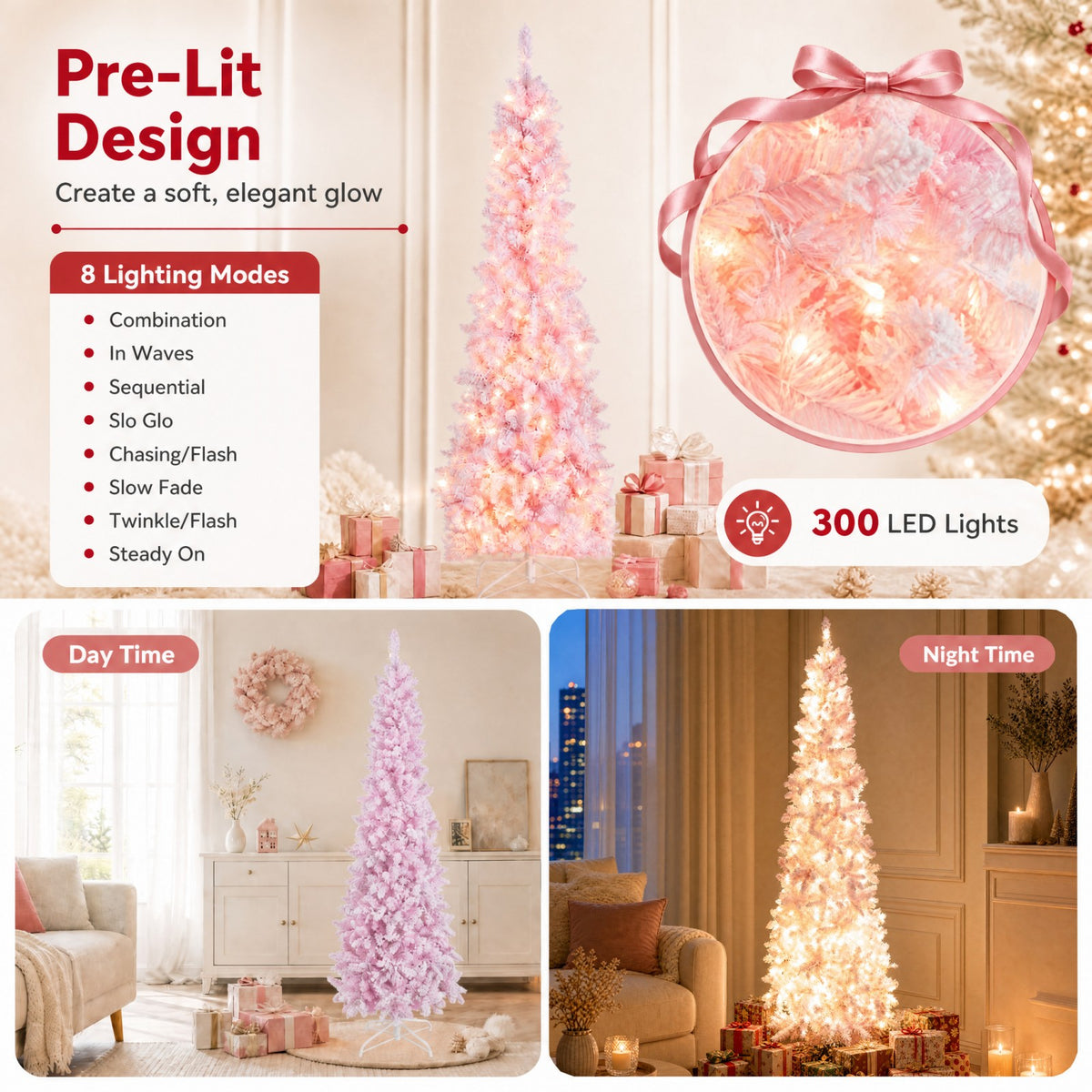 7 FT Slim Pencil Christmas Tree, Hinged Xmas Tree with Flocked Design, 800 PVC Branch Tips