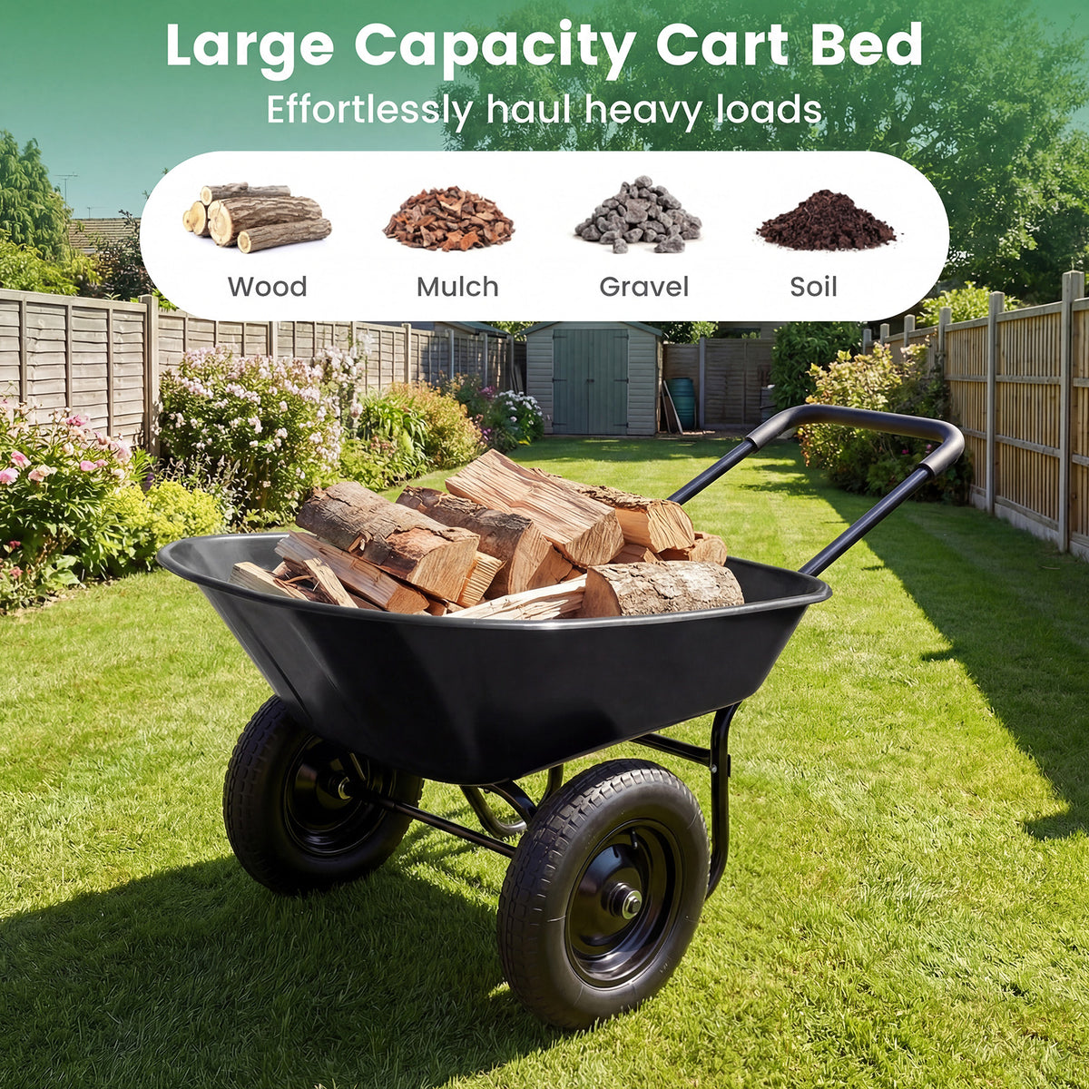 Garden Cart Wheelbarrow, 2-Wheel Outdoor Trolley with Metal Frame, 14" Pneumatic Tires