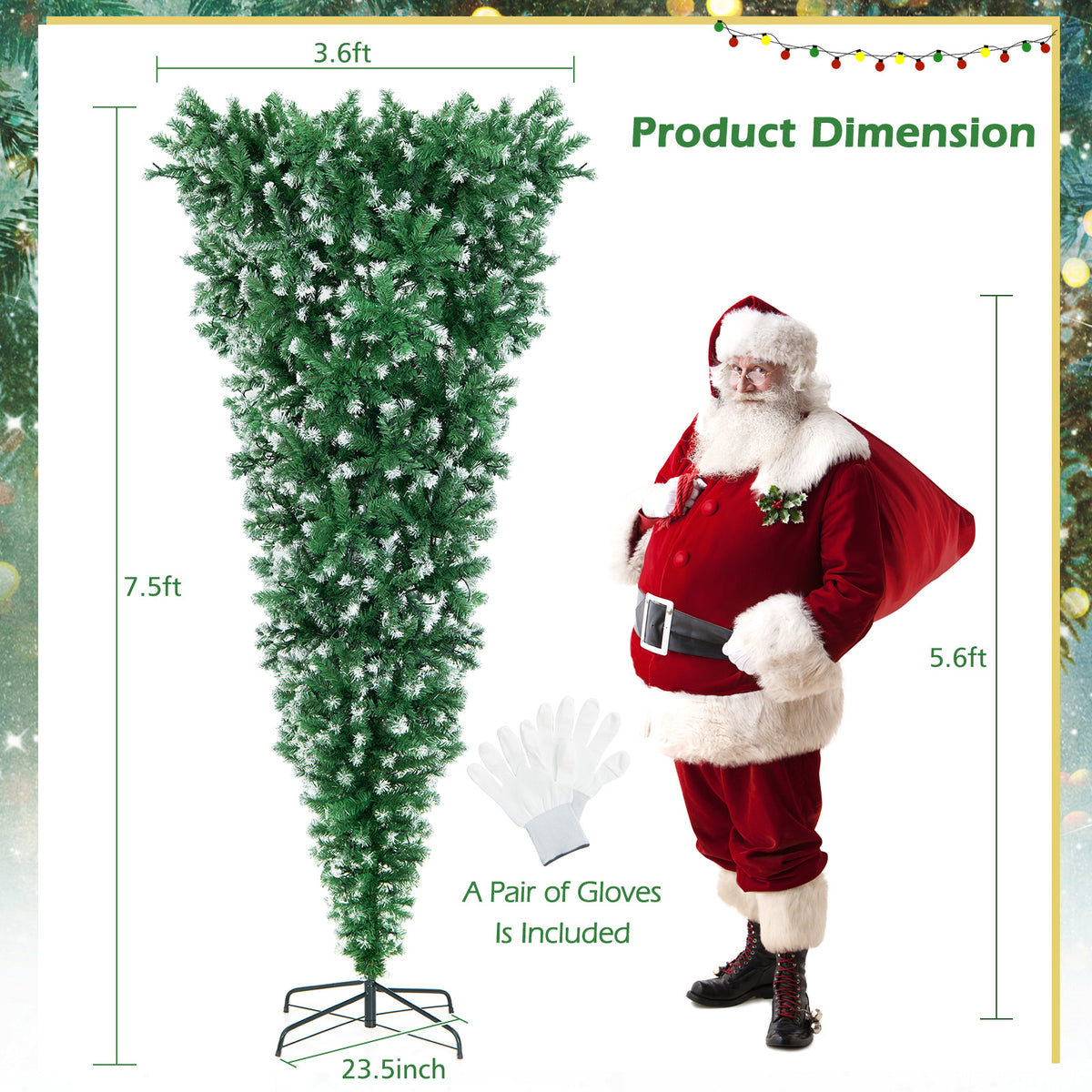 7.5 FT Pre-lit Upside Down Christmas Tree, Snow Flocked Artificial Xmas Tree with 1100 PVC Branch Tips