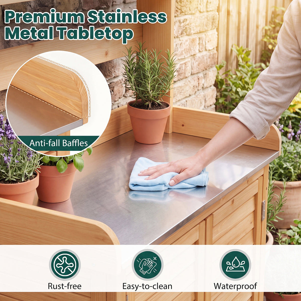 Garden Potting Bench Table, Wood Plant Workstation w/ Stainless Steel Tabletop
