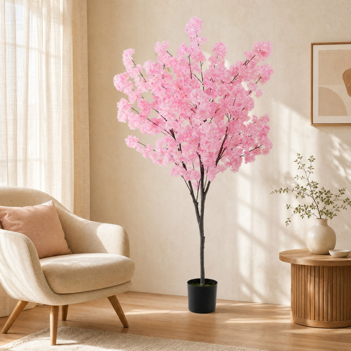 6.5FT Artificial Cherry Blossom Tree, Faux Pink Cherry Plant with Sturdy PE Trunk & Cement-Filled Nursery Pot