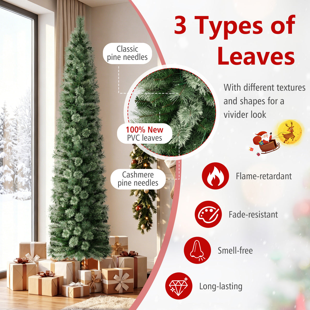 7FT Pre-lit Pencil Christmas Tree, Slim Artificial Xmas Tree with 150 Warm White LED Lights