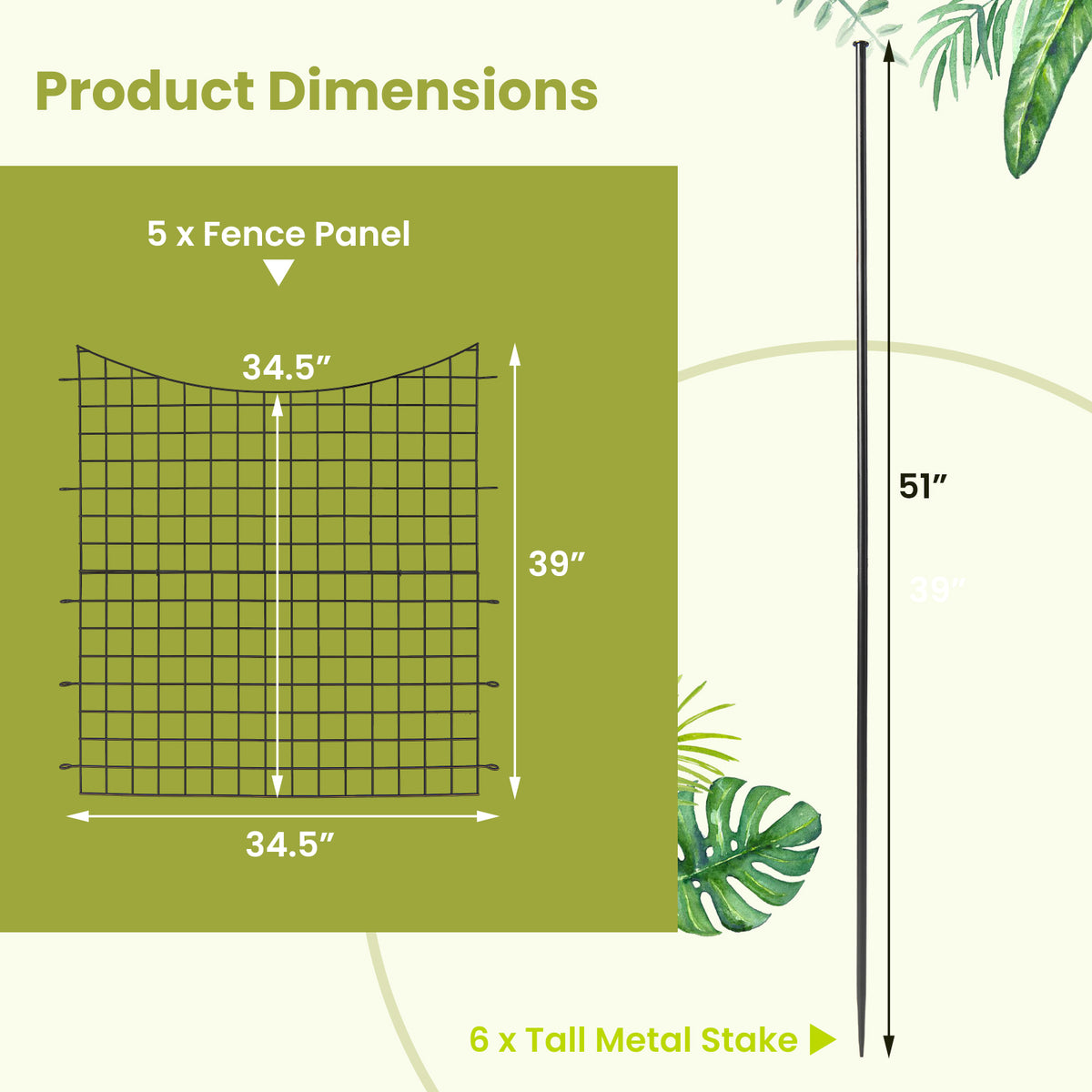 5-Panel Decorative Garden Fence with 5 Stakes, 39" Tall Outdoor Dog Barrier