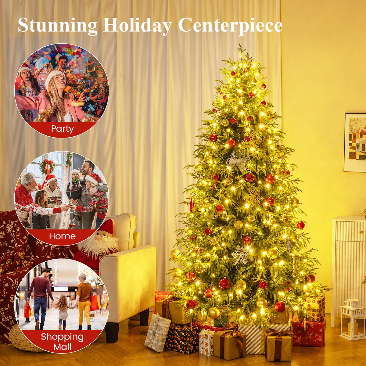 7.5FT Prelit Artificial Christmas Tree, Hinged Xmas Tree with 1449 Branch Tips