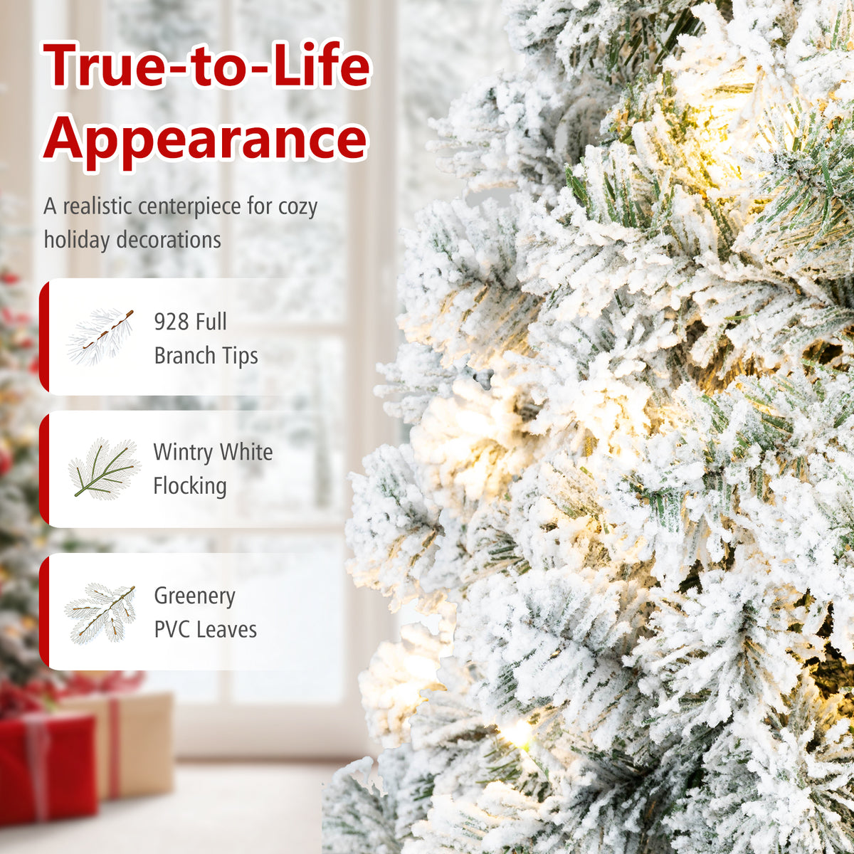 7/6/8 FT Snow-Flocked Artificial Christmas Tree, Pre-lit Xmas Tree
