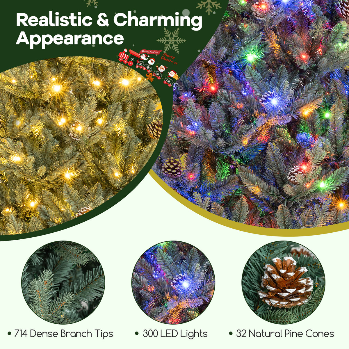 7.5FT Pre-lit Artificial Christmas Tree, Hinged Xmas Tree with 1306 Branch Tips