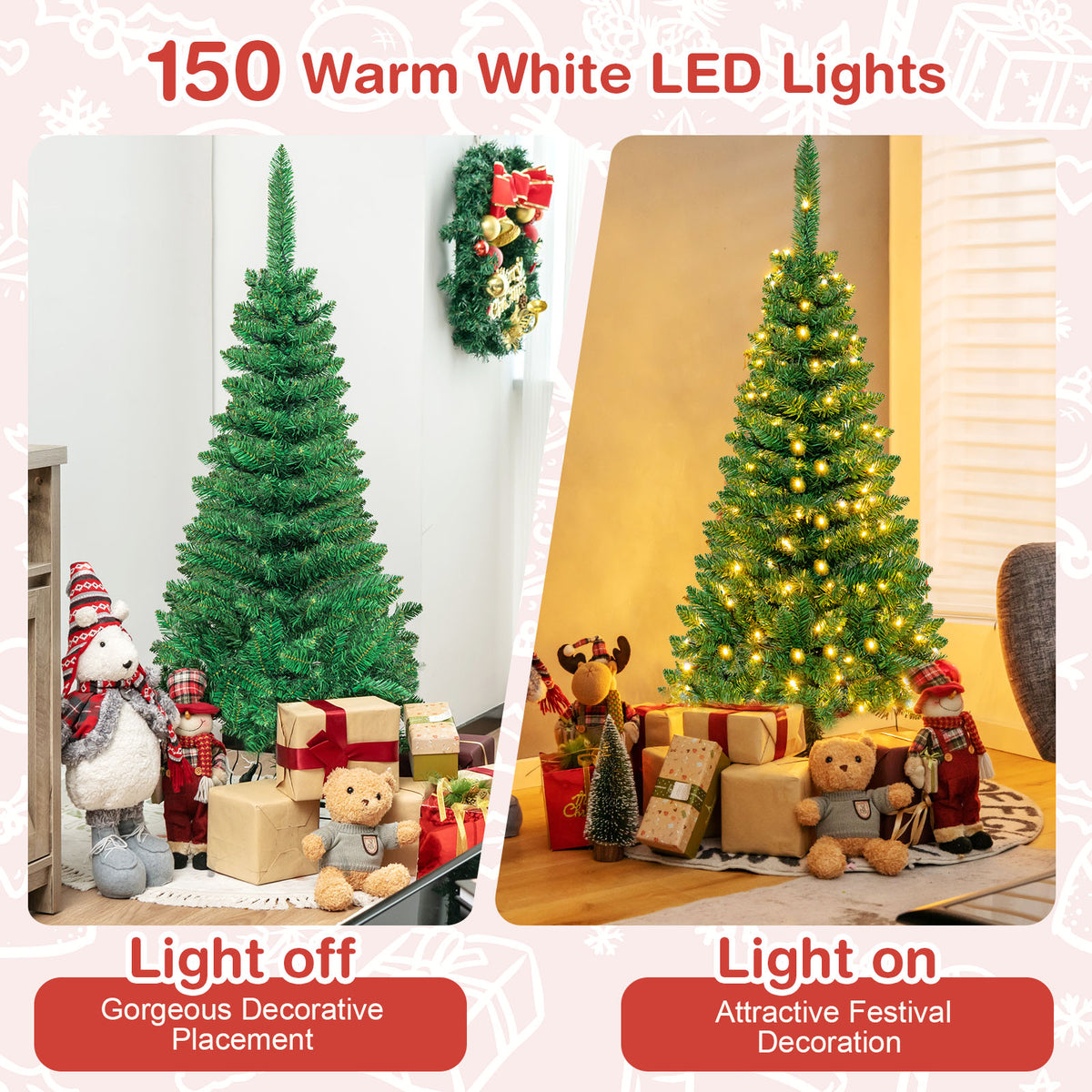 4.5 ft Snow Flocked Pencil Christmas Tree, Pre-Lit Slim Xmas Tree with 226 Branch Tips
