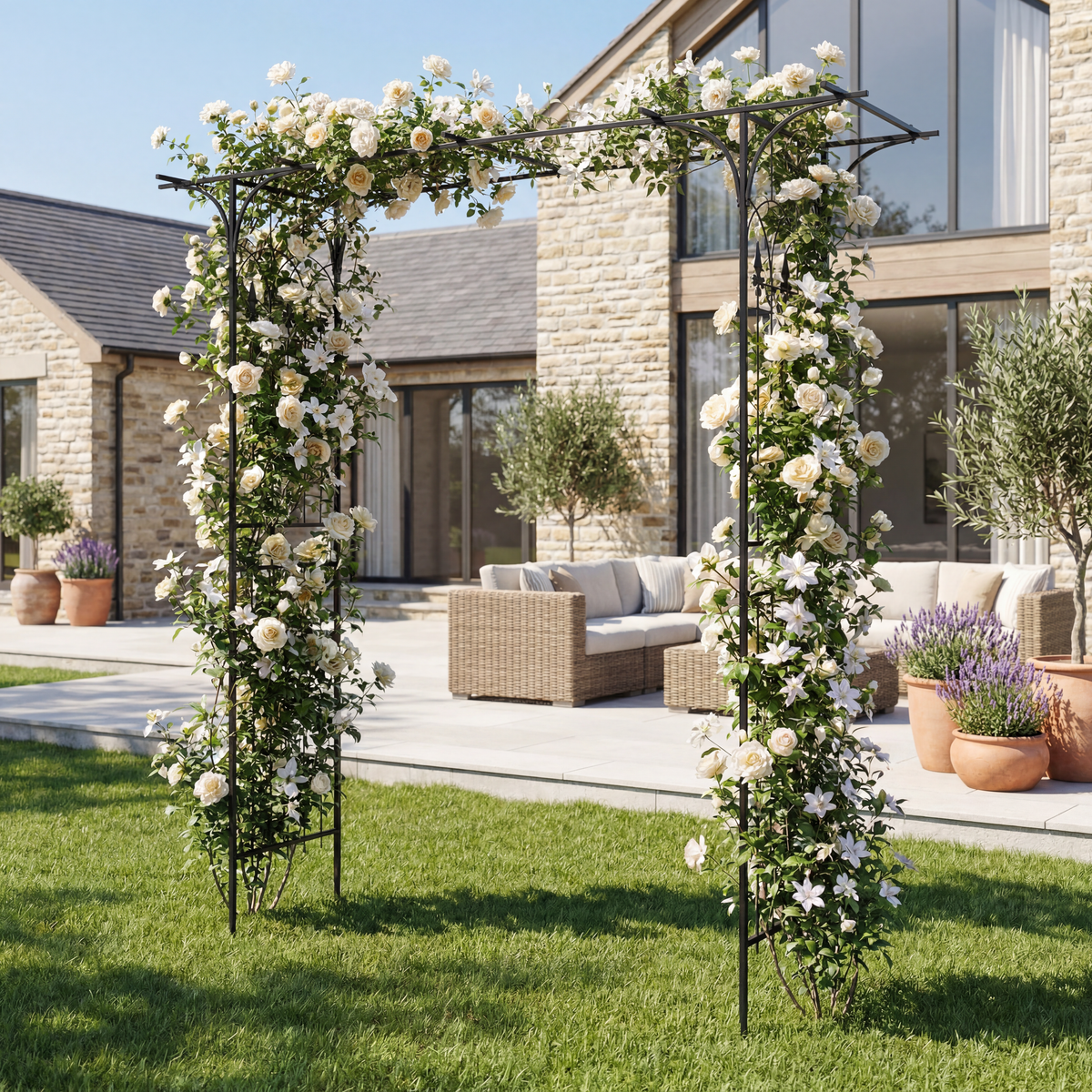 <p>Garden Arbor, 215cm Arch Trellis w/Extended Roof for Climbing Plants Roses Vines
