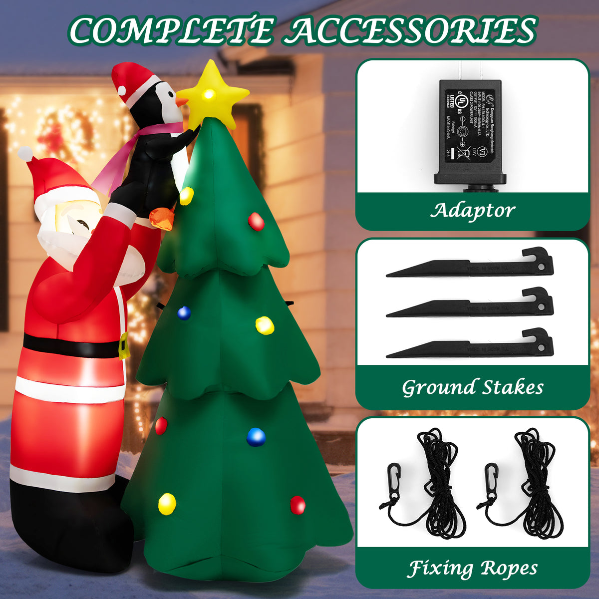6FT Inflatable Christmas Decoration, Blow Up Christmas Tree & Santa Claus with Penguin