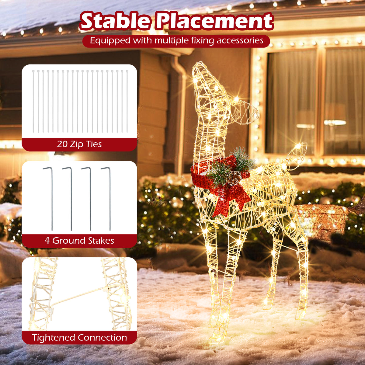 Lighted Christmas Reindeer Decoration, Small Holiday Deer Figure with 50 LED Lights & 4 Stakes