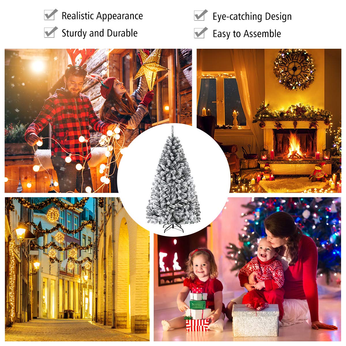 6FT/9FT  Snow Flocked Christmas Tree, Hinged Pine Tree - LucktreeUS