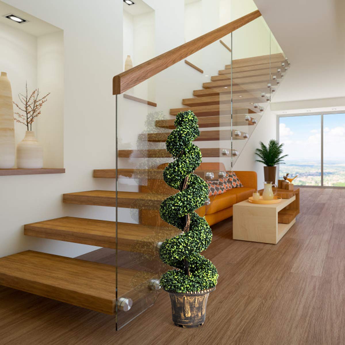 4 Ft Artificial Boxwood Spiral Tree, Fake Greenery Plants - LucktreeUS