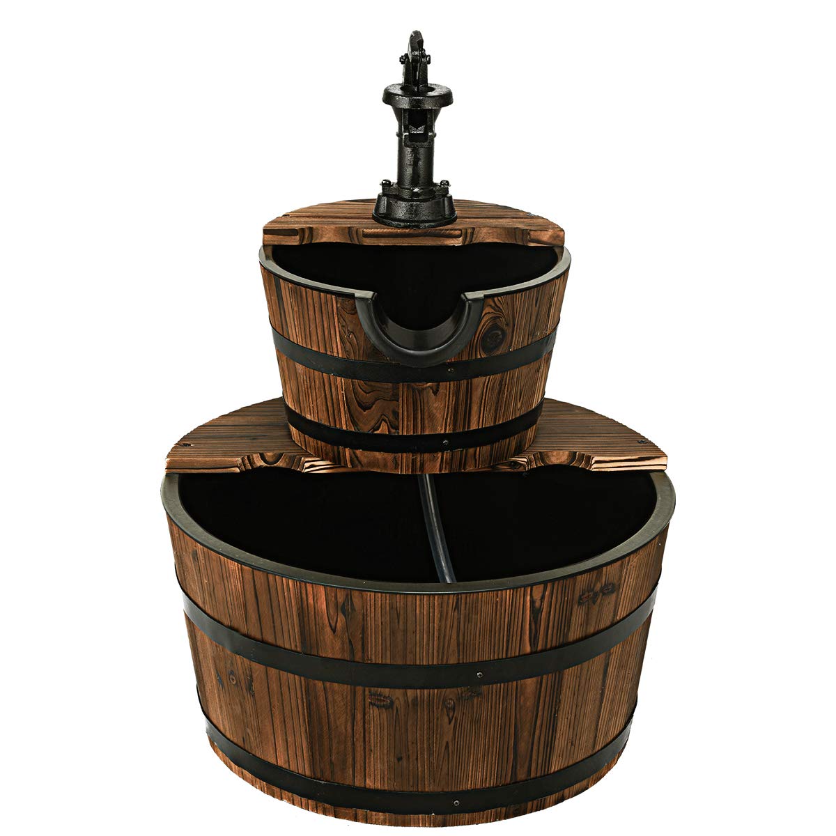 Lucktree 2-Tier Barrel Waterfall Fountain with Hand Pump