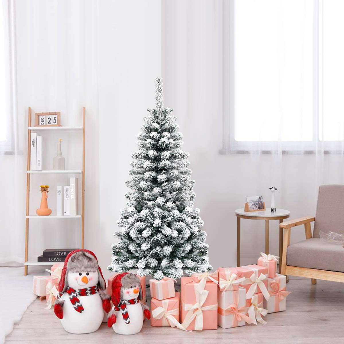 Lucktree Artificial Snow Flocked Christmas Tree, Slim Xmas Snowy Tree for Indoor and Outdoor Use - LucktreeUS