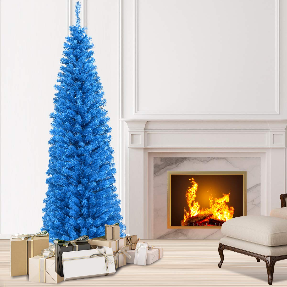 6ft Blue Pencil Christmas Tree, Artificial Slim Tree - LucktreeUS