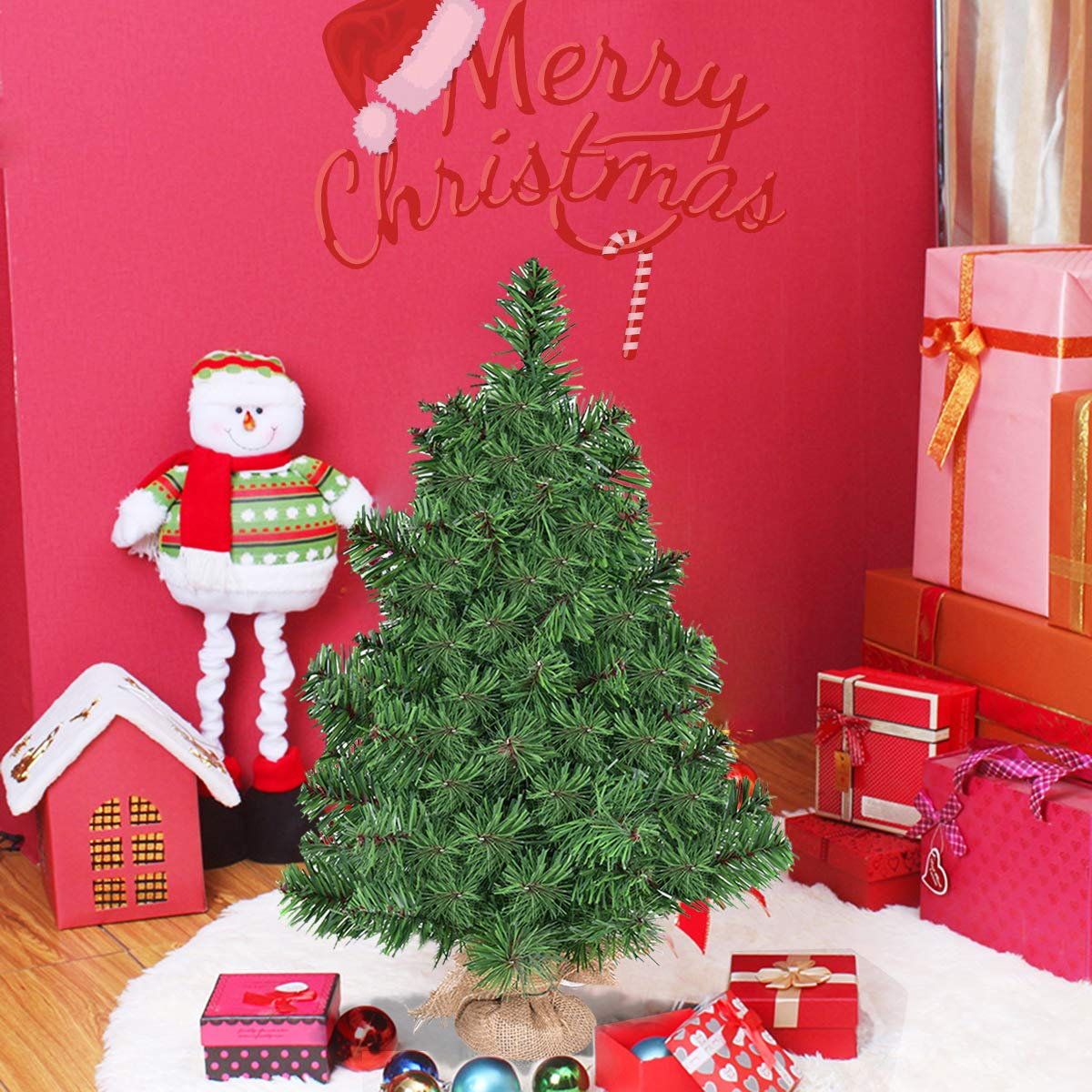 Lucktree Christmas Tree Tabletop Artificial PVC Green Spruce Tree in Burlap Base - LucktreeUS