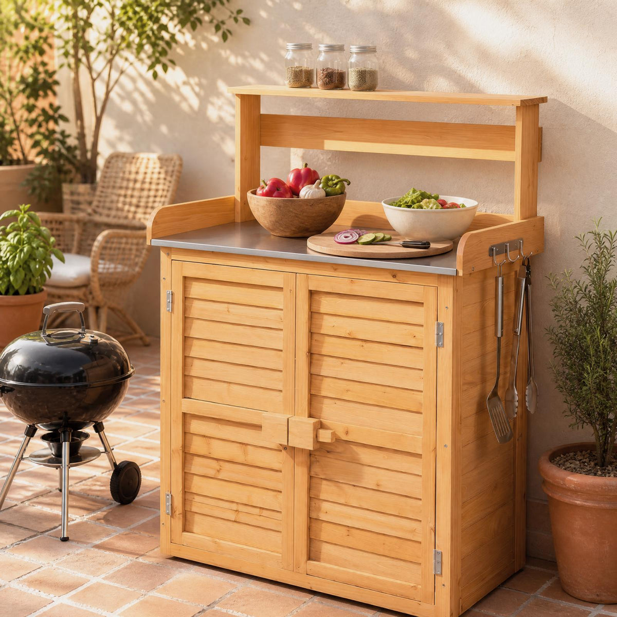 Garden Potting Bench Table, Wood Plant Workstation w/ Stainless Steel Tabletop