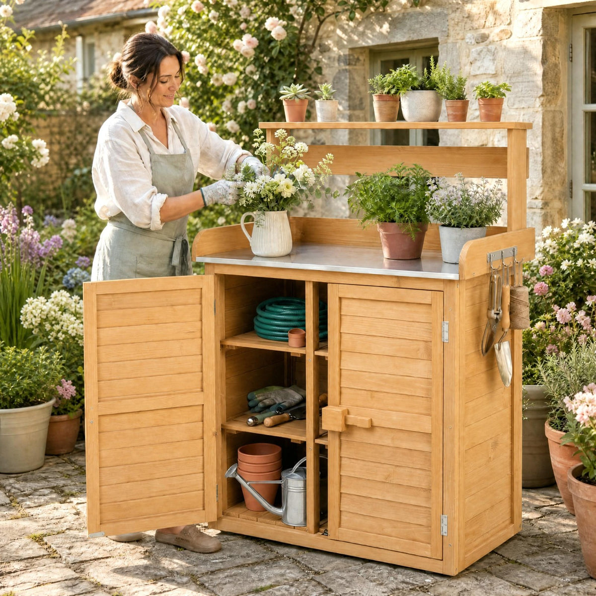 Garden Potting Bench Table, Wood Plant Workstation w/ Stainless Steel Tabletop