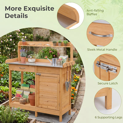 Wooden Potting Bench Table, Outdoor Garden Planting Table with Cabinet Drawer