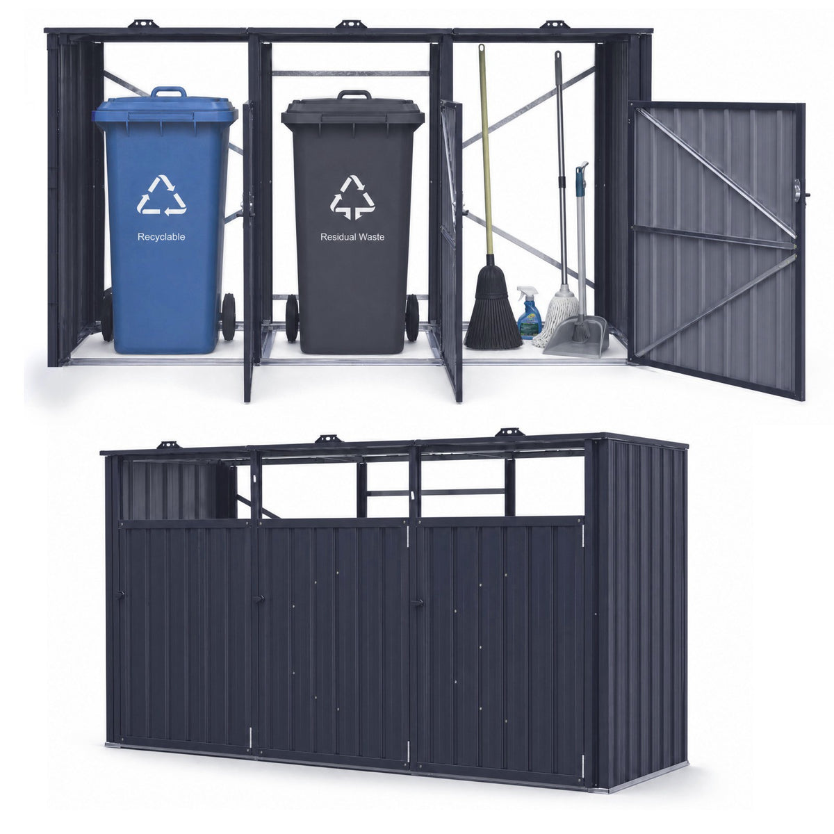 3-Bin Metal Trash Can Storage Shed, 238 x 79 CM Outdoor Garbage Shed with Flip-Up Lids & Lockable Doors