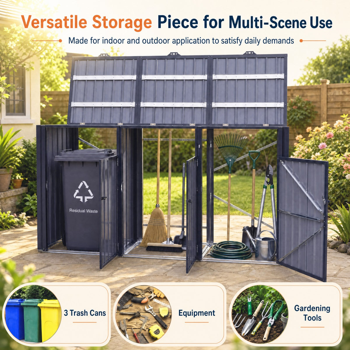 3-Bin Metal Trash Can Storage Shed, 238 x 79 CM Outdoor Garbage Shed with Flip-Up Lids & Lockable Doors