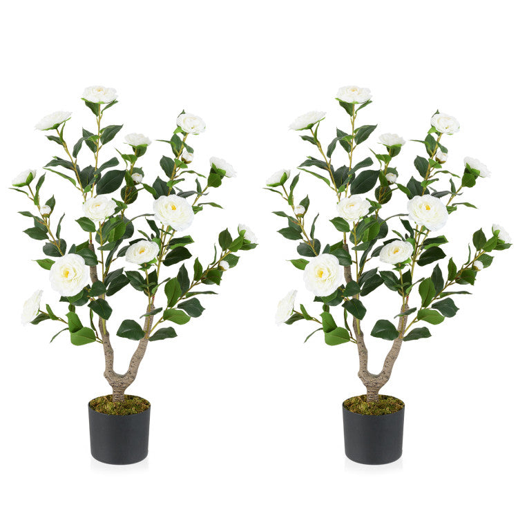 Lucktree 36’’ Artificial Camellia Tree Faux Floral Plant Blooming Tree in Nursery Pot
