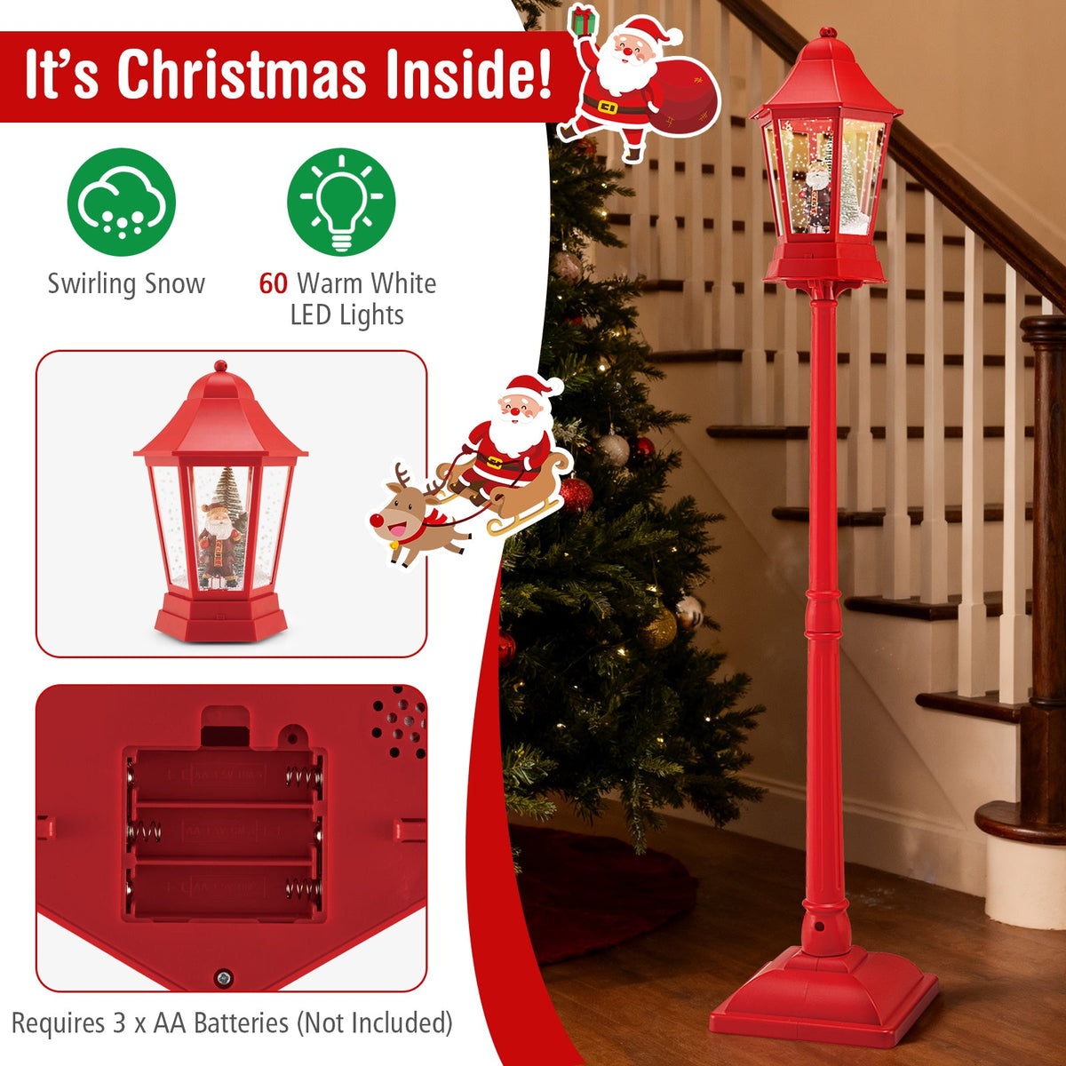 5.3 Ft Musical Christmas Street Lamp, 2-in-1 Lamp Post & Tabletop Lantern