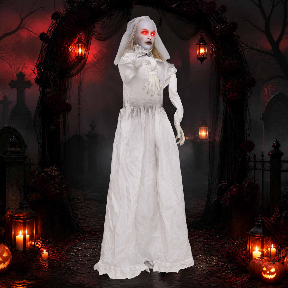 5.7 FT Animated Halloween Ghost Bride Decoration with Swapped Face
