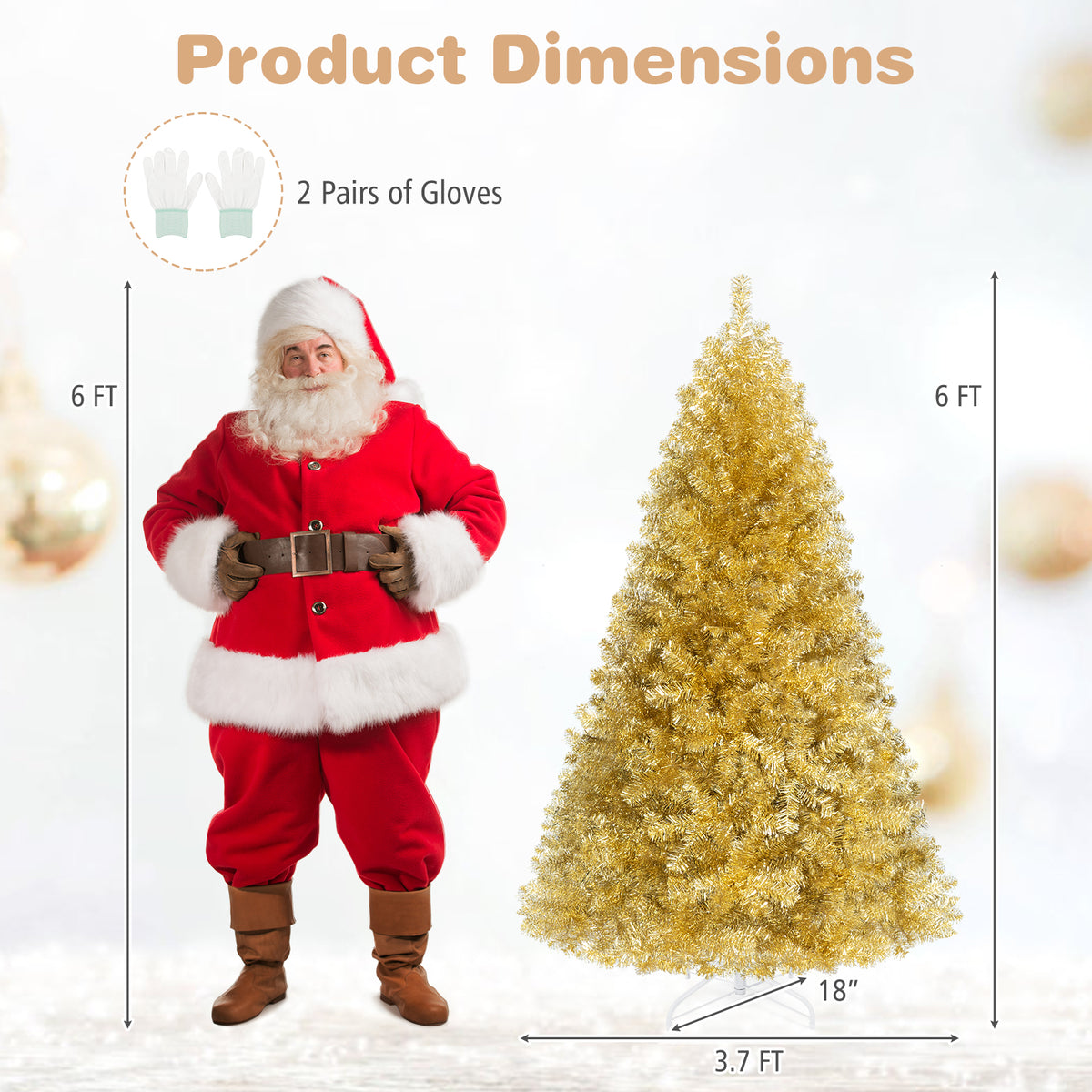 6 FT Gold Tinsel Christmas Tree, Metallic Artificial Decoration
