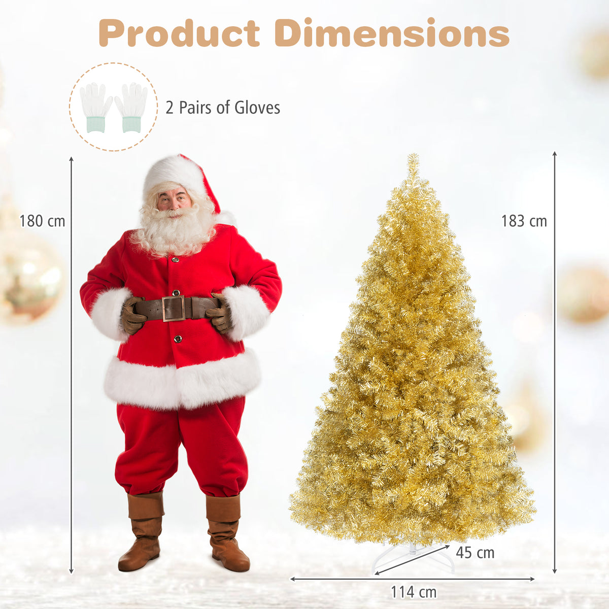 6 FT Gold Tinsel Christmas Tree, Metallic Artificial Decoration