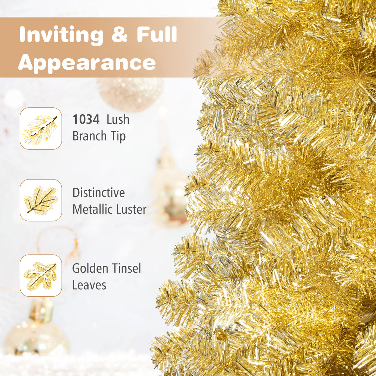 6 FT Gold Tinsel Christmas Tree, Metallic Artificial Decoration