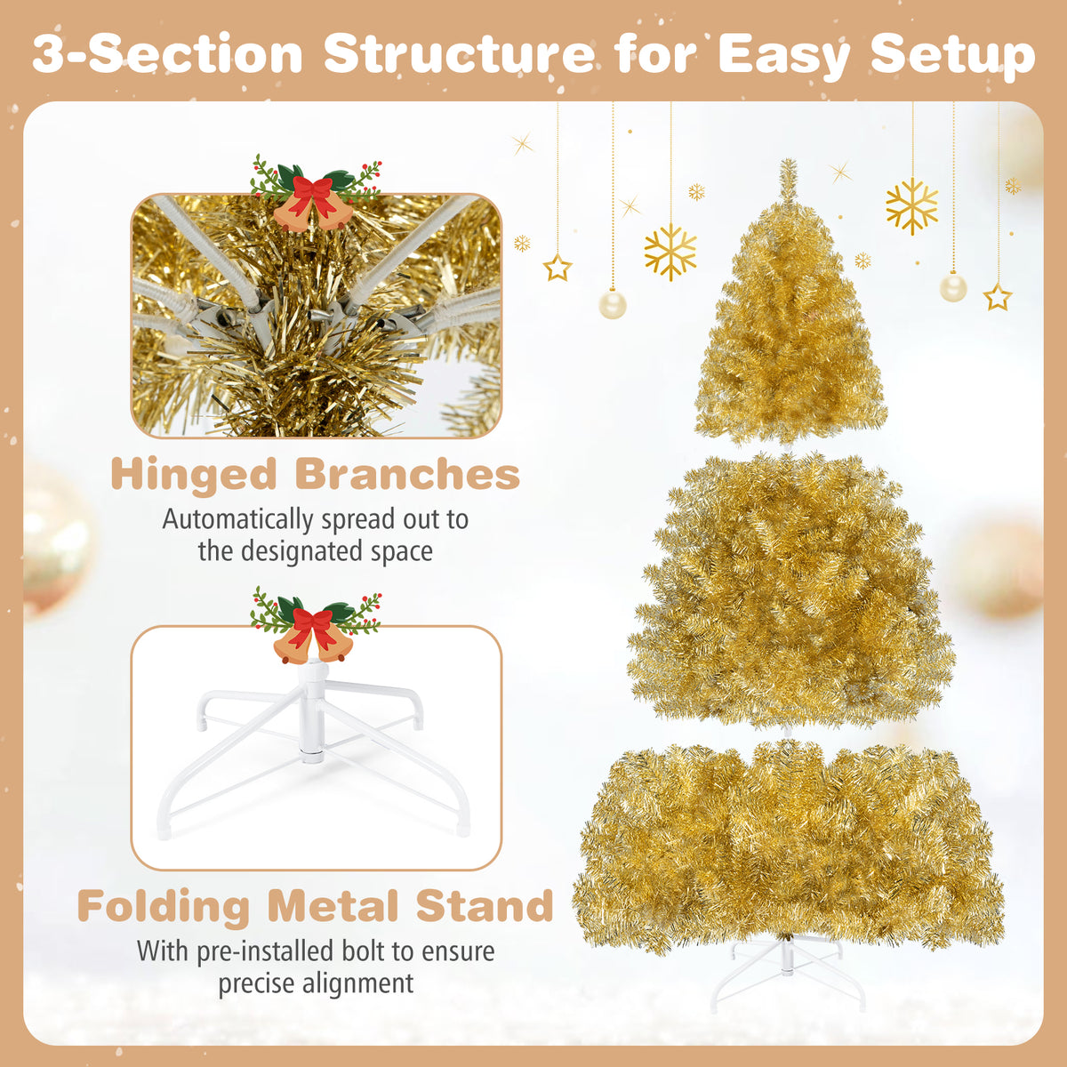 6 FT Gold Tinsel Christmas Tree, Metallic Artificial Decoration