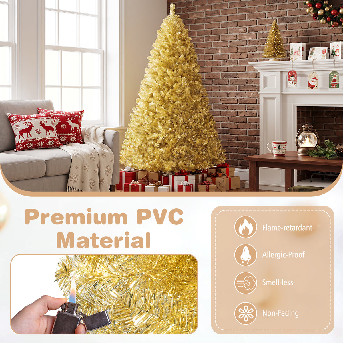 6 FT Gold Tinsel Christmas Tree, Metallic Artificial Decoration