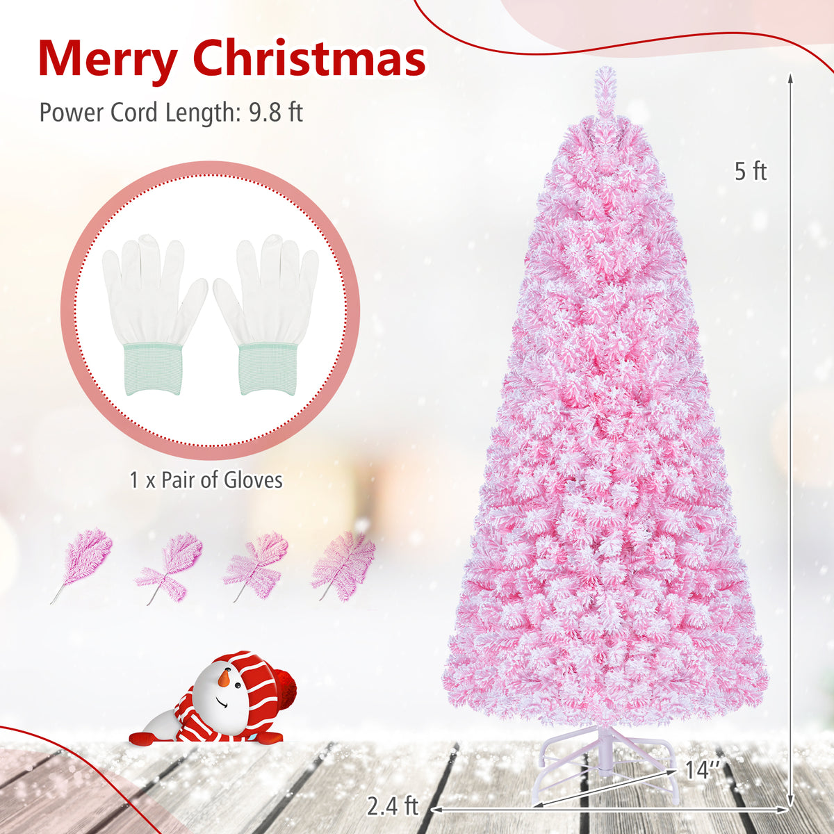 5/6/7 FT Flocked Fir Christmas Tree, Pre-Lit, Hinged, Pink
