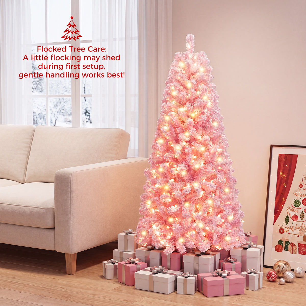 5/6/7 FT Flocked Fir Christmas Tree, Pre-Lit, Hinged, Pink