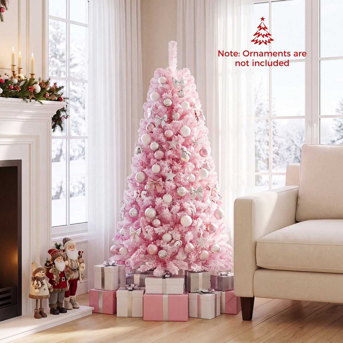 5/6/7 FT Flocked Fir Christmas Tree, Pre-Lit, Hinged, Pink