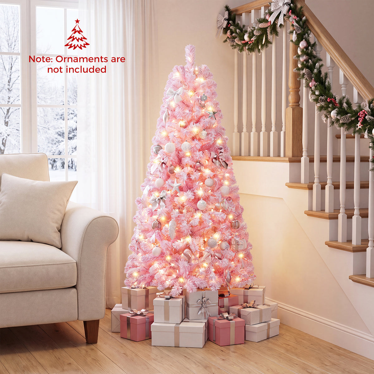5/6/7 FT Flocked Fir Christmas Tree, Pre-Lit, Hinged, Pink