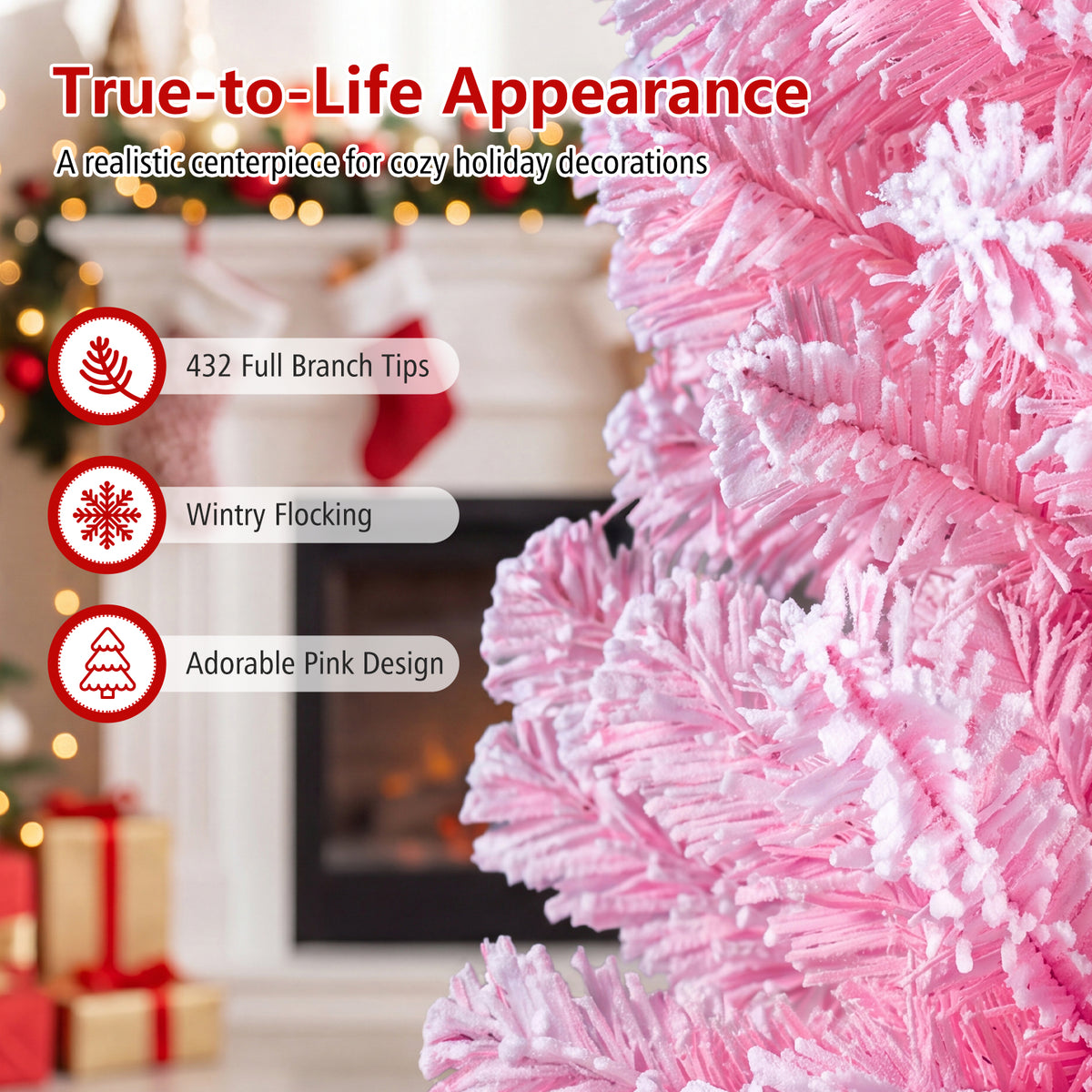 5/6/7 FT Flocked Fir Christmas Tree, Pre-Lit, Hinged, Pink