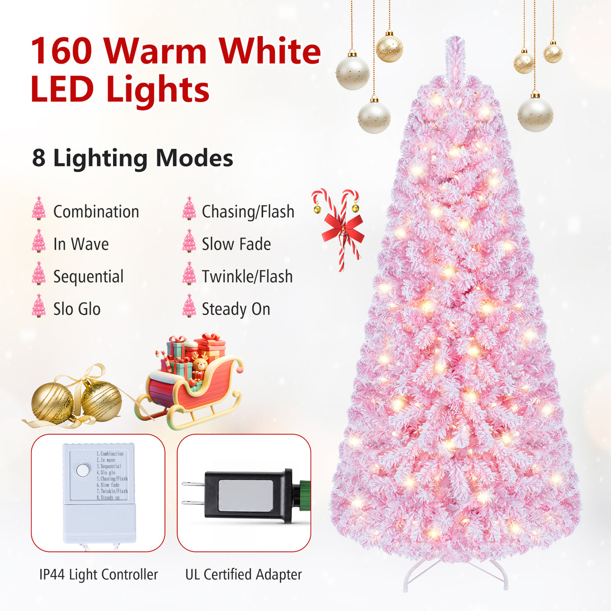 5/6/7 FT Flocked Fir Christmas Tree, Pre-Lit, Hinged, Pink