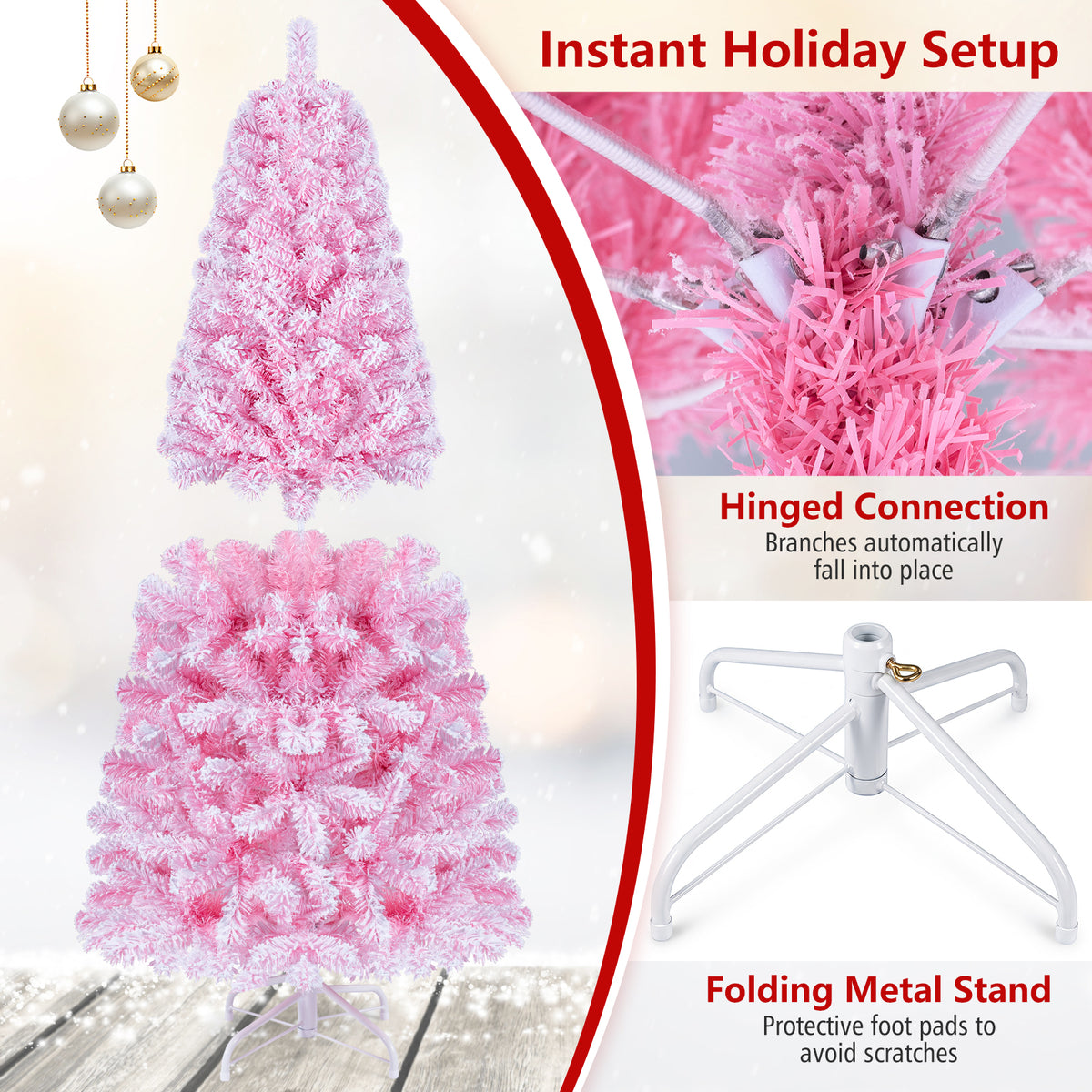 5/6/7 FT Flocked Fir Christmas Tree, Pre-Lit, Hinged, Pink