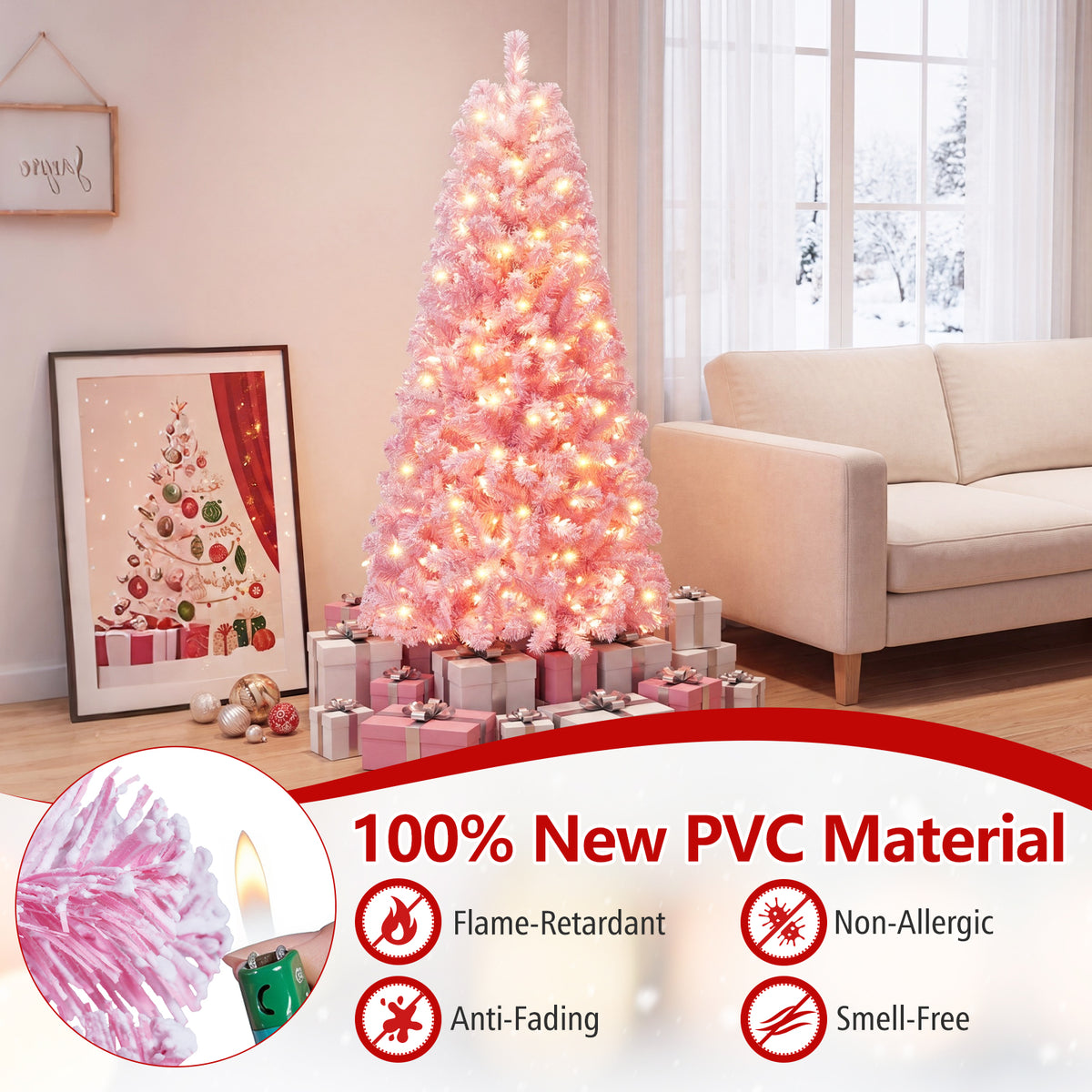 5/6/7 FT Flocked Fir Christmas Tree, Pre-Lit, Hinged, Pink