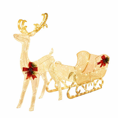 4FT Christmas Lighted Reindeer & Santa’s Sleigh, Pre-lit Xmas Yard Decoration with 215 Warm White LED Lights, Ground Stakes & Zip Ties, Indoor Outdoor Holiday Decoration for Home, Yard, Garden