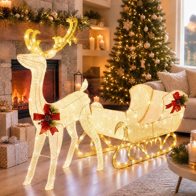 4FT Christmas Lighted Reindeer & Santa’s Sleigh, Pre-lit Xmas Yard Decoration with 215 Warm White LED Lights, Ground Stakes & Zip Ties, Indoor Outdoor Holiday Decoration for Home, Yard, Garden