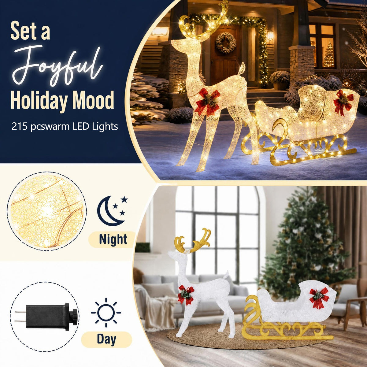 4FT Christmas Lighted Reindeer & Santa’s Sleigh, Pre-lit Xmas Yard Decoration with 215 Warm White LED Lights, Ground Stakes & Zip Ties, Indoor Outdoor Holiday Decoration for Home, Yard, Garden