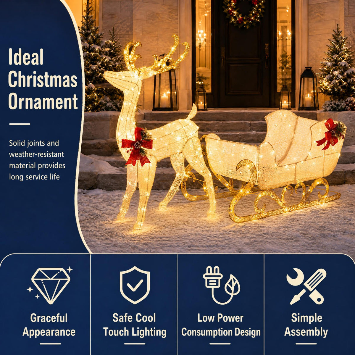 4FT Christmas Lighted Reindeer & Santa’s Sleigh, Pre-lit Xmas Yard Decoration with 215 Warm White LED Lights, Ground Stakes & Zip Ties, Indoor Outdoor Holiday Decoration for Home, Yard, Garden