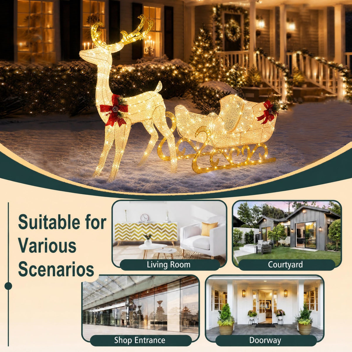 4FT Christmas Lighted Reindeer & Santa’s Sleigh, Pre-lit Xmas Yard Decoration with 215 Warm White LED Lights, Ground Stakes & Zip Ties, Indoor Outdoor Holiday Decoration for Home, Yard, Garden