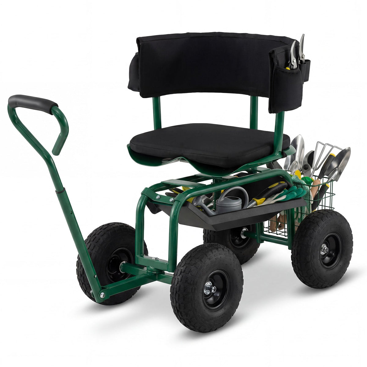 Lucktree Cushioned Rolling Garden Cart Scooter with Storage Basket and Tool Pouch