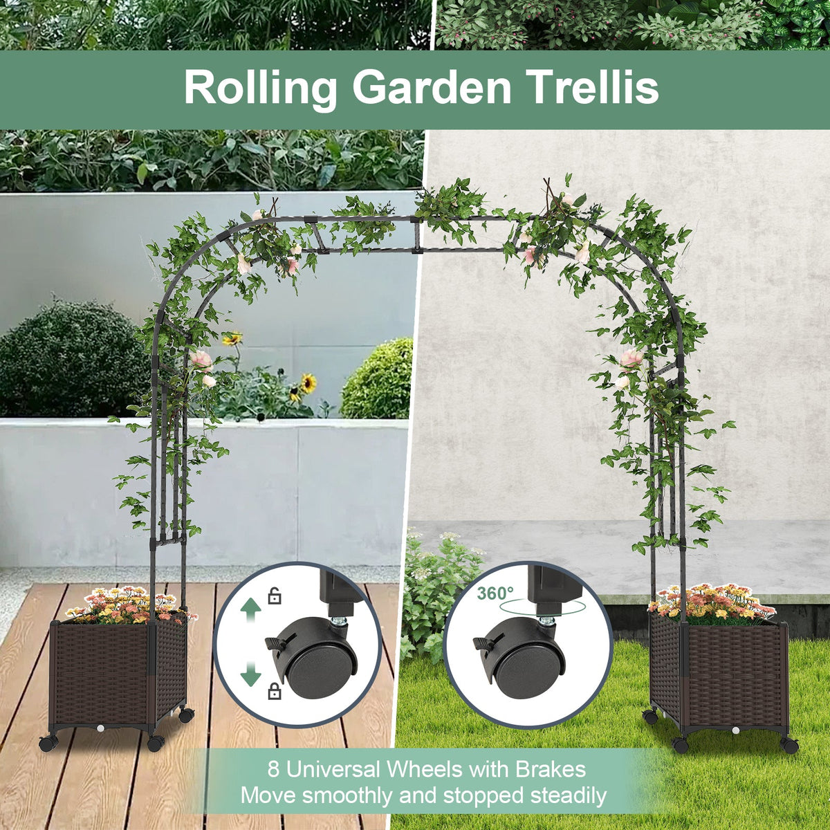 6.6 FT Garden Arch Trellis with 2 Planter Boxes, Outdoor Arbor Archway for Climbing Plants