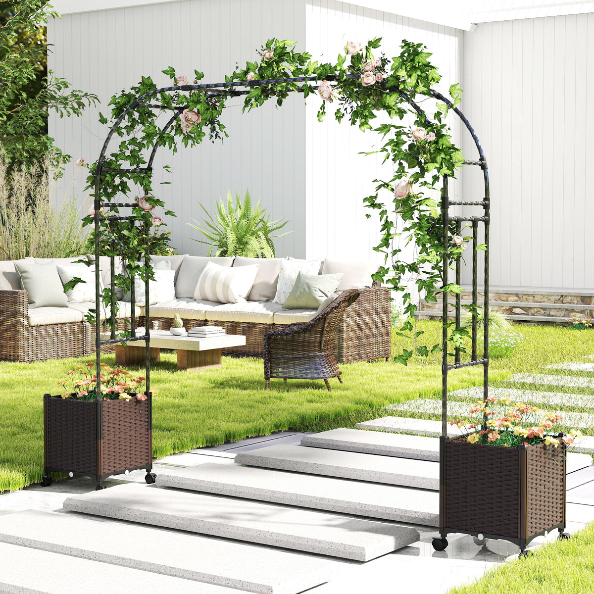 6.6 FT Garden Arch Trellis with 2 Planter Boxes, Outdoor Arbor Archway for Climbing Plants